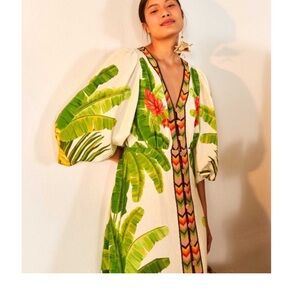 NWOT FARM RIO Anthropology Fresh Forest Midi Tropical Palm dress Boho